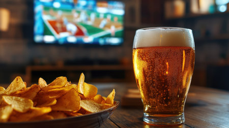 A refreshing glass of beer sits next to a bowl of crispy chips, creating an inviting atmosphere for sports viewing in a cozy living room filled with excitement.の素材