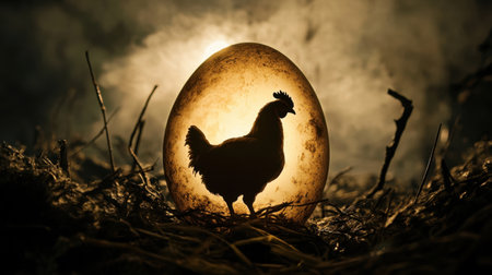 A captivating image of a chicken silhouette inside an illuminated egg, showcasing nature's beauty and the essence of new beginnings in a serene environment.の素材