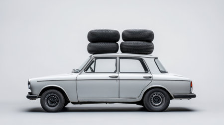 A vintage white sedan showcases four black tires stacked atop it, presented in a minimalistic studio setting, ideal for automotive and design-related projects.の素材