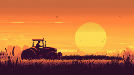A peaceful scene of a silhouetted tractor against a stunning orange sunset, featuring fields and birds soaring in the sky, representing the essence of rural life and agriculture.の素材