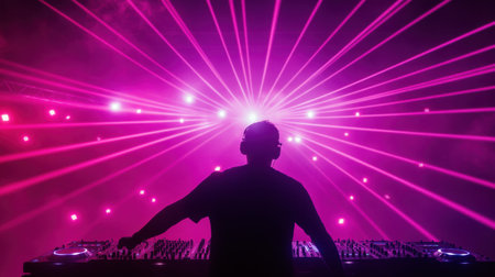 Experience the electrifying atmosphere of a DJ performance with vibrant laser lights and energetic sound, capturing the essence of nightlife and dance music culture.の素材