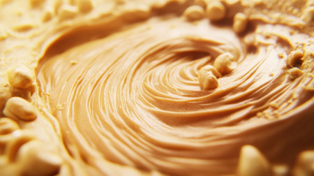 A close-up view of creamy peanut butter showcasing a smooth swirl with chunks of roasted peanuts, perfect for food lovers and culinary enthusiasts looking for flavorful inspiration.の素材