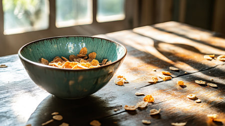 A serene breakfast setting captures a bowl of colorful cereal on a rustic wooden table, illuminated by soft sunlight and complemented by scattered pieces, creating a cozy atmosphere.の素材
