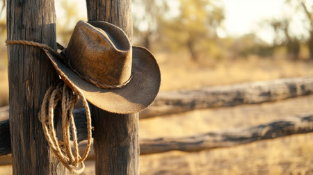 A rustic cowboy hat hangs gracefully on a weathered wooden fence post, embodying the essence of the western lifestyle against a backdrop of golden tones and muted tranquility.の素材