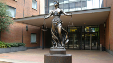This image features an elegant Lady Justice statue, blindfolded and holding scales and a sword, representing fairness and integrity in the legal system, set against modern architecture.の素材