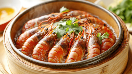A vibrant display of freshly steamed shrimp in a bamboo steamer, garnished with herbs, showcasing a delicious seafood dish perfect for any culinary occasion.の素材