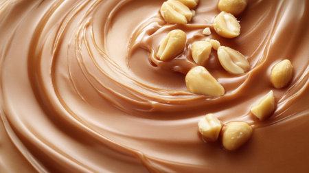 A delightful image showcasing creamy peanut butter spread, rich in texture and flavor, topped with whole peanuts for an appealing culinary presentation perfect for food enthusiasts.の素材