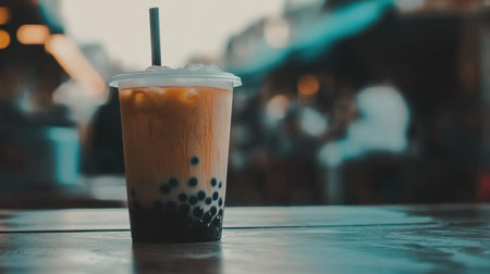 A vibrant cup of bubble tea filled with chewy tapioca pearls rests on a rustic table, capturing the lively essence of a bustling market scene in soft lighting.の素材