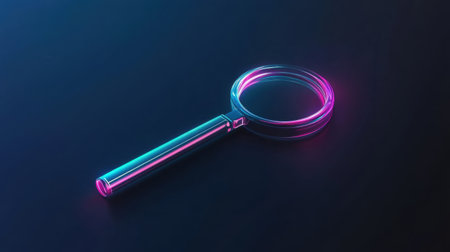 A futuristic neon magnifying glass creates a captivating visual on a dark background, representing themes of search, exploration, and digital discovery in modern technology.の素材