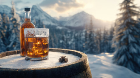 A captivating scene featuring a glass of whiskey with ice on a snow-covered barrel, complemented by a beautiful mountain landscape in the background during sunset.の素材