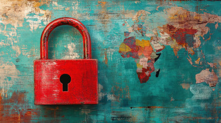 A red padlock sits on a textured, vintage wood background beside a colorful map of Africa, representing themes of security, protection, and global safety challenges.の素材