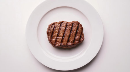 A beautifully grilled steak presented on a pristine white plate, showcasing its juicy texture and appealing char marks, ideal for culinary illustrations and menus.の素材