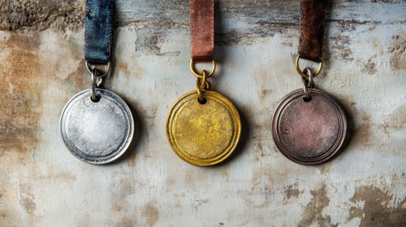 Elegant vintage medals hang against a rustic backdrop, emphasizing themes of achievement, celebration, and recognition in stunning textures and finishes.の素材