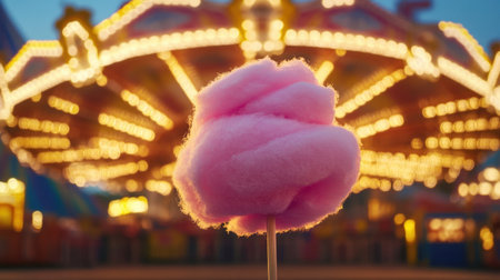 Captivating image of fluffy pink cotton candy on a stick in front of a brightly lit carousel, capturing the spirit of nostalgia and joy found at amusement parks.の素材