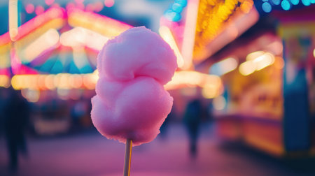 A delightful cotton candy treat on a stick, surrounded by a lively carnival atmosphere filled with colorful lights and joyful excitement, perfect for nostalgic moments.の素材