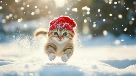 A lively cat wearing a red hat jumps joyfully through a snowy landscape, surrounded by sparkling snowflakes and warm sunlight, capturing the essence of winter wonder.の素材