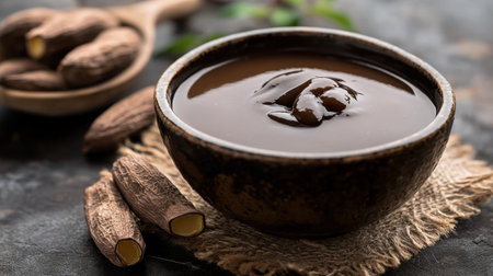 Explore a rich chocolate sauce served in a rustic bowl, accompanied by cocoa pods and nuts, perfect for enhancing desserts and adding a gourmet touch to any dish.の素材