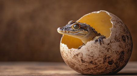 A captivating image of a baby reptile emerging from a cracked eggshell, highlighting intricate details and vibrant eyes, representing the beauty of new life in nature.の素材
