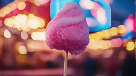 A whimsical perspective of cotton candy on a stick showcases a cheerful fair atmosphere bathed in luminous colors, evoking sweet memories of fun and celebration.の素材