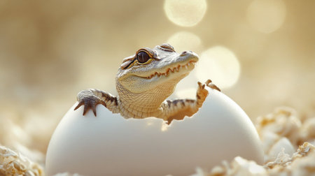 A charming scene of a newborn crocodile breaking free from its egg, capturing the essence of life and nature's cycle with a soft, dreamy background that evokes feelings of wonder.の素材