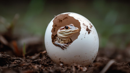 A captivating image of a baby lizard peeking out from a broken egg, set in a serene natural environment that highlights the wonder of new life and the beauty of nature.の素材