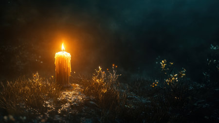 A mystical candle emits a warm glow in a tranquil forest setting. The flickering flame highlights surrounding flora, creating an enchanting atmosphere of peace and serenity.の素材