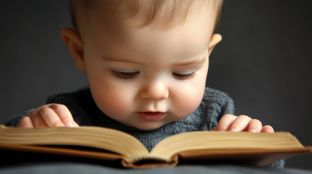 A young child is deeply engrossed in reading a book, showcasing curiosity and wonder. This image captures the essence of childhood learning and the joy of discovering stories.の素材