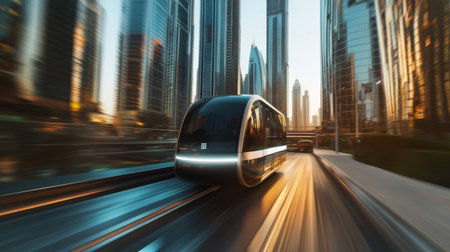 A striking image of a futuristic autonomous pod gliding through a vibrant urban landscape at sunset, showcasing modern architecture and dynamic motion in an innovative transportation environment.の素材