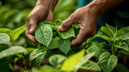 A gardener's hands skillfully inspect vibrant green leaves in a lush plant nursery, emphasizing care, growth, and the importance of nurturing nature.の素材