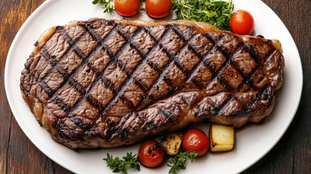 A beautifully grilled steak served on a white plate with fresh cherry tomatoes and herbs, perfect for showcasing a delicious meal with a touch of elegance.の素材