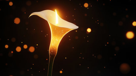 A beautiful calla lily shines with a warm glow, surrounded by soft bokeh lights against a dark background, creating a serene and artistic atmosphere perfect for nature lovers.の素材