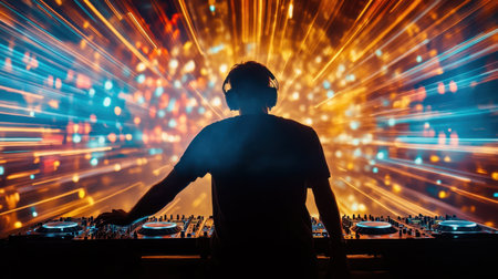 A dynamic DJ silhouette creates an electrifying atmosphere filled with vibrant light effects, embodying the energy of a lively nightclub or festival environment.の素材