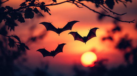 A breathtaking scene capturing bats in flight against a vivid sunset. Silhouetted trees frame the stunning colors of twilight, creating a hauntingly beautiful atmosphere.の素材