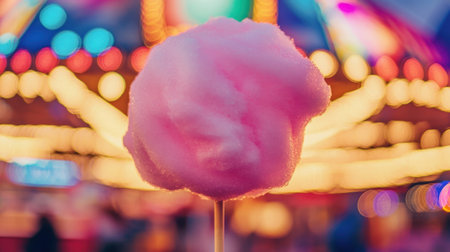 A delightful close-up of fluffy pink cotton candy with a vibrant carnival backdrop full of glowing lights, capturing the essence of fun, joy, and nostalgic experiences.の素材