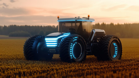 A stunning futuristic tractor showcases neon lights set against a golden wheat field at sunset, representing cutting-edge agricultural technology and innovation in farming.の素材