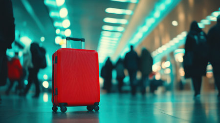 A bright red suitcase captures attention in a busy airport terminal filled with blurred travelers, showcasing the vibrant energy of travel and the essence of adventure.の素材