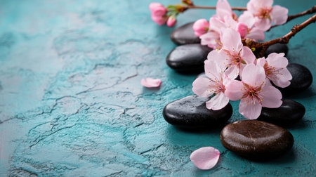 A serene arrangement of cherry blossoms and smooth black stones, perfect for evoking relaxation and harmony in wellness or nature-themed projects.の素材
