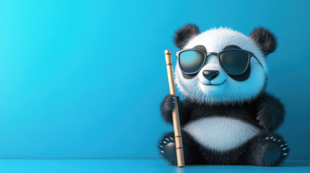 This charming cartoon panda character, stylishly dressed in sunglasses and holding a bamboo flute, embodies fun and playfulness against a bright blue backdrop.の素材