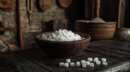 A rustic wooden bowl filled with cubed sugar sits on a weathered wooden table, showcasing a cozy kitchen atmosphere infused with natural light and vintage charm.の素材