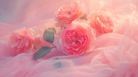 Delicate pink roses arranged on soft fabric create a romantic and dreamy scene, perfect for weddings or spring celebrations. The gentle colors and textures evoke beauty and tranquility.の素材