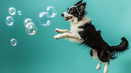 A lively Border Collie joyfully leaps to catch colorful bubbles, captured in a vibrant turquoise setting, depicting the playful spirit and boundless energy of pets.の素材