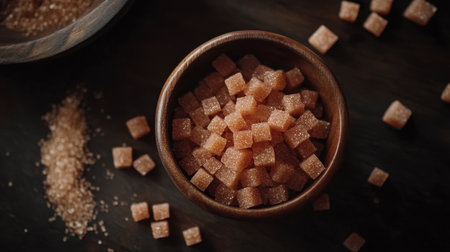 A captivating close-up of brown sugar cubes in a wooden bowl, surrounded by scattered granules on a dark wooden surface, perfect for culinary inspiration and food presentations.の素材