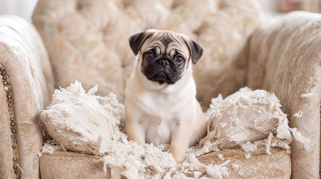 A charming pug puppy looks curiously from a cozy, messy chair, showcasing its adorable expression amidst shredded cushions, capturing the essence of playful pet life.の素材