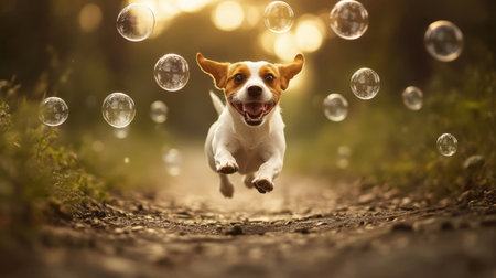 A cheerful dog joyfully runs along a sunlit path, surrounded by floating bubbles, evoking a sense of freedom and playfulness in a natural setting.の素材