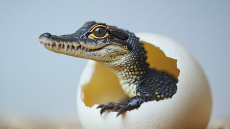 A captivating image of a young alligator emerging from its eggshell, showcasing intricate details and textures against a subtle backdrop, symbolizing new beginnings in the wild.の素材