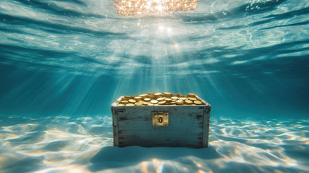 A remarkable underwater scene featuring a treasure chest filled with gold coins illuminated by sunlight, creating a tranquil yet adventurous atmosphere beneath the ocean waves.の素材