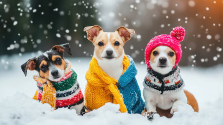Three cute dogs dressed in colorful sweaters pose in the snow, creating a joyful winter scene with fluffy white snowflakes falling around them.の素材
