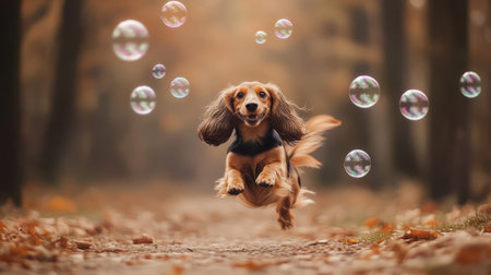 A cheerful small dog leaps joyfully along a forest path in autumn, surrounded by colorful leaves and vibrant bubbles, embodying pure happiness and playful spirit outdoors.の素材