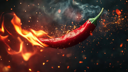 A striking image of a red chili pepper soaring through flames and sparks, beautifully illustrating the dynamic nature of heat in cooking and the rich flavors of spicy cuisine.の素材