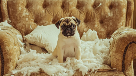 A delightful pug puppy sits on a vintage couch, surrounded by soft pillows and a fluffy mess, highlighting its playful and charming personality in a cozy home environment.の素材